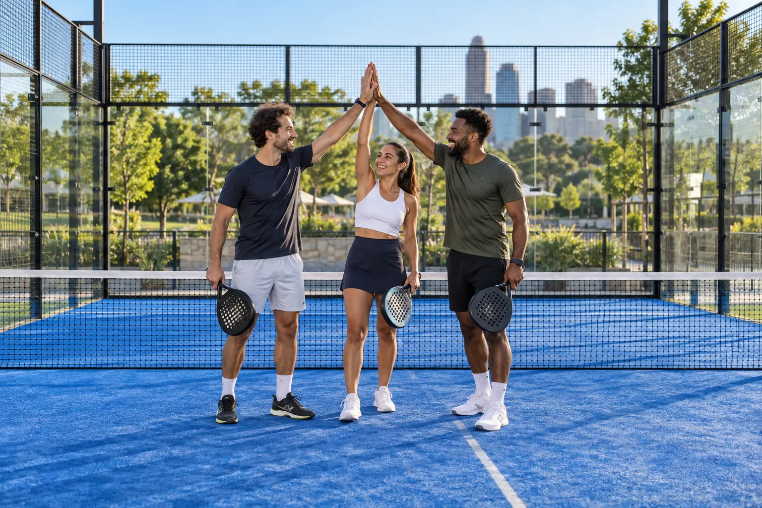 Barátok ünnepelnek közös padeljáték után · MI által készített szemléltető képek